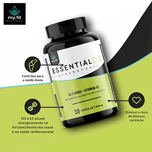 Kit 2x Essential D3 - Vitamina D (2000UI) + K2 (65 mcg) - Cápsulas Sinérgicas, 500mg - Suporte imuno