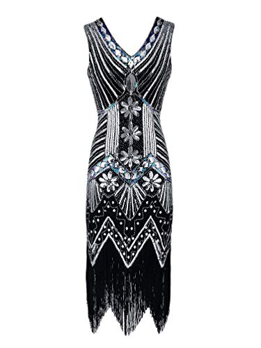 Kaiyei Femmes Robe De Soirée Robe Femme Années 1920 Grande Sequin Fringe Midi Robe D'été Art Déco Rétro Robes De Soirée Noir S