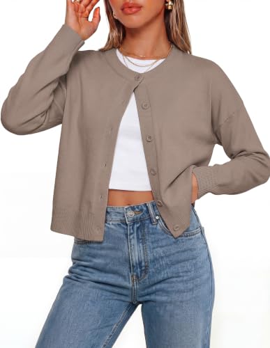 GRACE KARIN Womens Cropped Cardigan Sweaters Trendy, Button up Cotton Sweater, Knit Y2K Crew Neck Cardigan for Dresses Camel,S