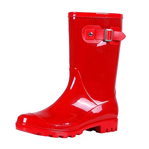 Evshine Women's Mid Calf Rain Boots Waterproof Garden Shoes Glossy Red 39