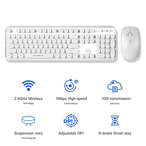 Fopett V2020 Wireless Keyboard And Mouse Sets,White Retro Style Keyboard With Round Keycaps,2.4Ghz Dropout-Free Connection Mouse With 3 Adjustable Dpi,Long Battery Life For Windows,Notebook,Pc #TOP2