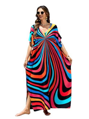 Image of sunforyou Kaftan Dresses for Women Plus Size Lightweight Swimsuit Cover up Batwing Sleeve Print Loungewear Beach Robe