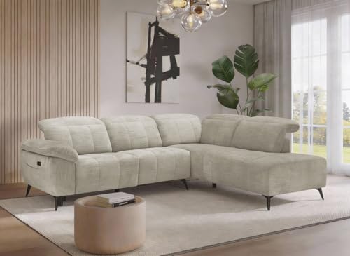DecoInParis Canapé d'angle Relax électrique en Velours chiné Beige SOLINA - Angle Droit