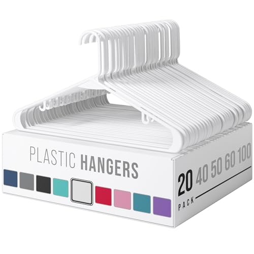 Plastic Hangers 20 Pack White - Clothes Hangers - Makes The Perfect Coat Hanger and General Space Saving Clothes Hangers for Closet - Percheros Ganchos para Colgar Ropa Hangars
