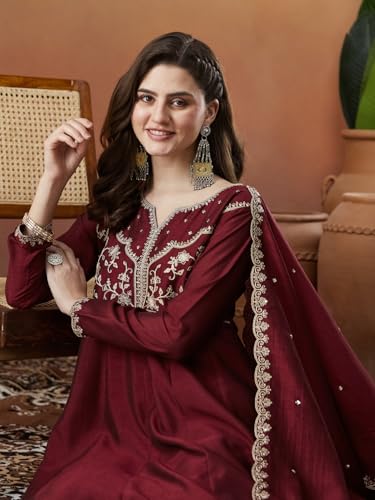 Image of MOKOSH Women's Silk Anarkali Kurta Pant with Dupatta | Anarkali Kurta Set | Embroidered | Ethnic Wear | Notch Neck Full Sleeve