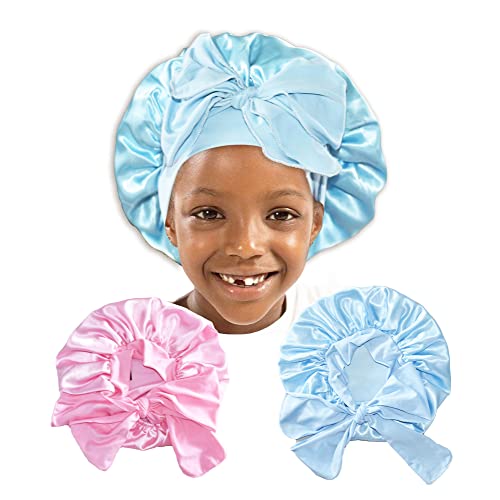 2Pcs Pack Pink Blue Small Baby Bonnet Kids Bonnet Infant Satin Silk Hair Bonnets With Tie Band Bow For Boys Girls 4~12 Years #TOP8
