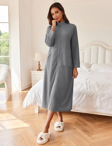 Image of Ekouaer Women Zipper Robe Long Sleeves House Coat Soft Bathrobe Sleepwear with Pockets Housecoat Loungewear