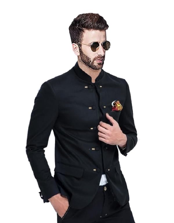 Men's Black Bandhgala Blazer, Formal Wedding, Mandarin Collar