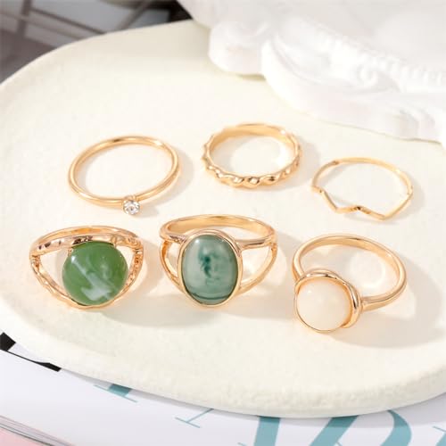 Rrdaily Boho Knuckle Ring Sets for Women,Gold Green Gem Stackable Ring Vintage Green Knuckle Gems Rings Good Luck Midi Finger Rin Aesthetic Statement Thumb Ring Set Jewelry4