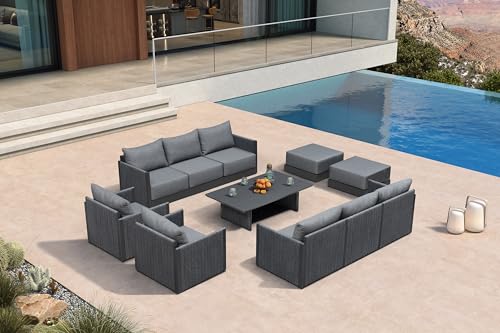 Image of PURPLE LEAF Patio Set 11 PCS w /Table & Ottoman, Deep Seating Rope, Gray
