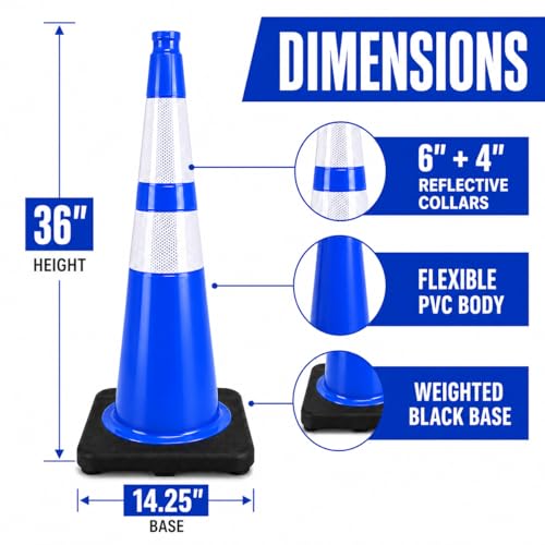 Image of BESEA 8 Pack 36 Inch Traffic Cones with Reflective Collars, Heavy Duty Safety Cones with Stable Black Base, Road Parking Cones for Traffic Control, Parking, Construction & Driving Practice(Blue)