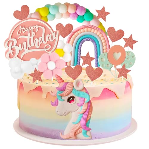 KENPOJO Unicornio Decoracion Tartas Cumpleaños Niñas, 18 Piezas Decoración de Pasteles Cumpleaños Feliz DIY Globos Nubes Arcoiris, Adornos Topper Decoración para Tartas para Fiestas Temáticas