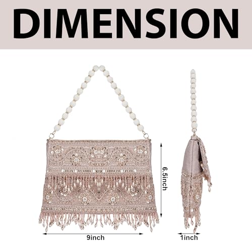 Image of Nevis PU Silk Fabric Women's Embellished bride Clutch with Pearl Handle | Fancy Designe & Wedding Potli Bag for Festive & Evening