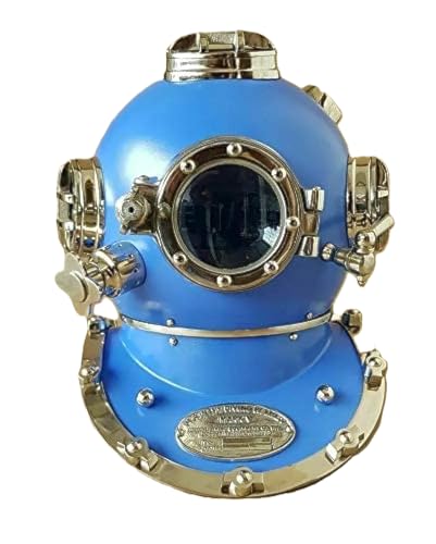 Antique Brass US Navy Mark Vintage Divers Diving Helmet - Blue Diving Helmet with Mark V Deep Scuba Sea Divers Helmet - Marine Divers Gift Ideas, Sea Maritime Nautical Decor Ideas.