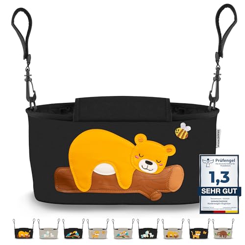 GRINSEZWERGE Kinderwagen Organizer 12 Motive mit Feuchttuchspender I Kinderwagen Tasche mit Schultergurt I Kinder Buggy Organizer I Kinderwagentasche Aufbewahrungstasche Baby Stroller Bag schwarz Bär