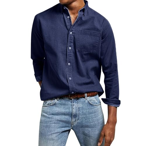 Camiseta de manga larga para hombre, con solapa, holgada, de manga larga, con botones, azul marino, XL