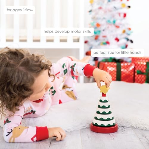 Image of Pearhead Wooden Christmas Tree Stacking Toy Set, Holiday Toys for Toddlers