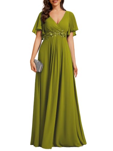 Image of Ever-Pretty Womens V Neck Applique Mother of the Bride Dresses Formal Dress | Chiffon, Short Sleeves, Ruched, A-Line, Bridesmaid Dresses, Formal Gown, Black Tie Dress