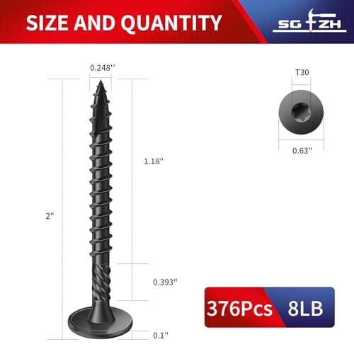 Image of #14 x 2 Inch Outdoor Structural Wood Deck Screws (376Pcs /8lb), Carbon Steel, Black, Flat Head, Rust Resistant Epoxy Coated, T30 Star Bit