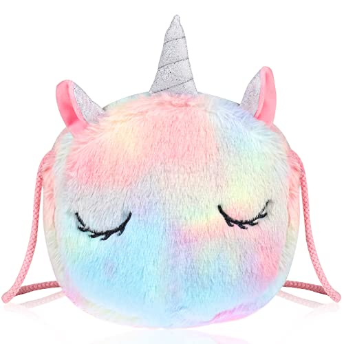 WolinTek Petit Sac à Bandoulière pour Filles, Sac a Main Petite Fille Mignonnes Épaule Sac Bandoulière Peluche Enfant,Licorne Petit Sac en Peluche Handbang