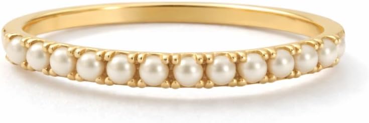 Dainty Akoya Pearl Wedding Band | 14K Solid Gold Half Eternity Stacking Ring Fresh Water Pearl Art Deco Bridal Wedding Band June Birthstone Birhtday Gift For Sister