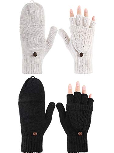 Tatuo 2 Pairs Women Fingerless Mittens Winter Convertible Gloves Knitted Half Finger Gloves