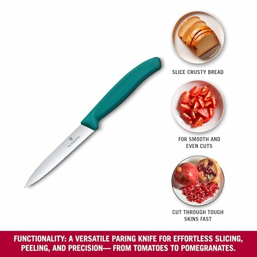 Image of Victorinox Swiss Made Stainless Steel Swiss Classic Paring Knife, 10 cm, Serrated Edge with Pointed Tip, Professional and Household Kitchen Tools, Kitchen Items, Green, 6.7734.C1 | Multipurpose Knife