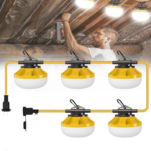 Pvilub 50FT Construction String Lights: 50W String Work Lights with 5 Bulbs & Hooks, IP65 Temporary Construction Lighting 5000K Linkable Hanging Work Light for Attic, Crawlspace, Basement, Backyard