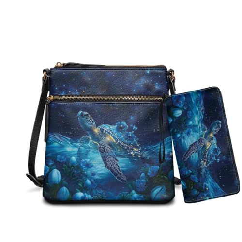 Lotusorchid Sea Turtle Print Shoulder Purses and Handbags 2Pcs Crossbody Purse Set Includes Long Wallets Gift for Families Wife Friends, Blue