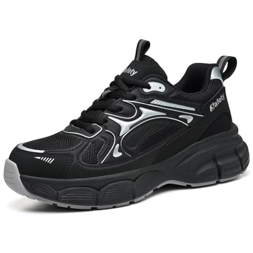 Image of Ruivina Steel Toe Shoes for Women Safety Shoes Wide fit Indestructible Work Sneakers Men Lightweight Slip on Resistant Breathable Puncture Proof Composite Toe Shoe Black White