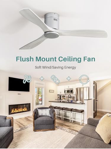 Sofucor Ceiling Fan, 52 Inch, Low Profile, DC, 3 Carved Wood Blades, Flush Mount, Noiseless, Reversible Motor, Remote Control, Without Light, Silver+Grey thumbnail 7