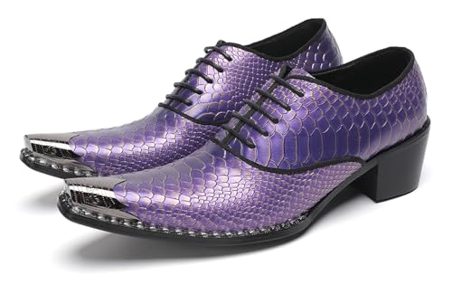 Men’s Leather Oxfords Purple Dress Casual Shoes – Metal Pointed Toe Lace-Up Oxford, Fashion Formal Shoes for Weddings, Prom, Parties, Business & Evening Wear