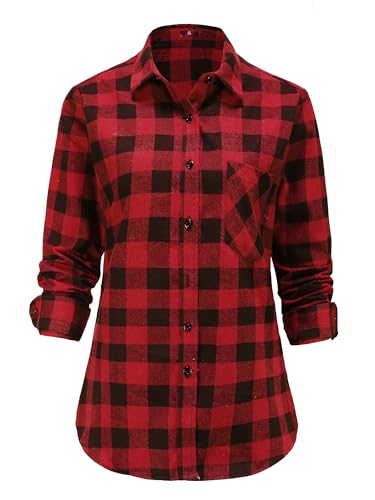 Jandukar Flanellhemden Frauen Buffalo Check Langarm Karierte Hemden für Frauen Casual Kleid Büro Bluse, Rotes Schottenkaro, 40