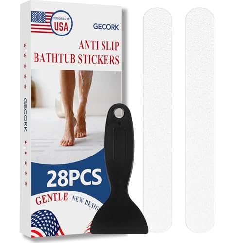 Gecork 28 PCS Bathtub Non Slip Stickers with Strong Adhesive Invisible Anti Slip Shower Strips with Scraper for Bath Tub Shower Floor Stairs