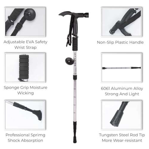 Image of Trekking Poles, Collapsible Lightweight Shock-Absorbent Hiking Walking Sticks Adjustable Aluminum Hiking Poles for Women Men Kids (1Pack of Silver with Light)