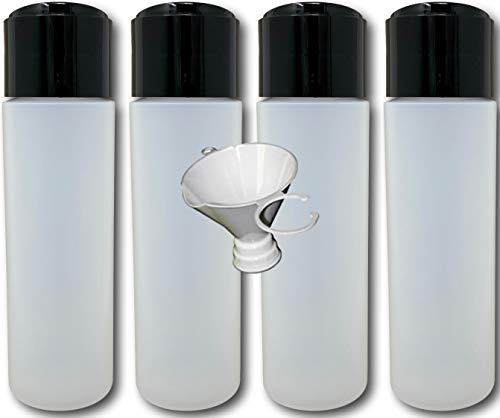 Earth's Essentials Four Pack of Refillable 8 Oz. HDPE Plastic Press Cap Bottles with Patented Screw On Funnel-Great for Dispensing Lotions, Shampoos and Massage Oils.