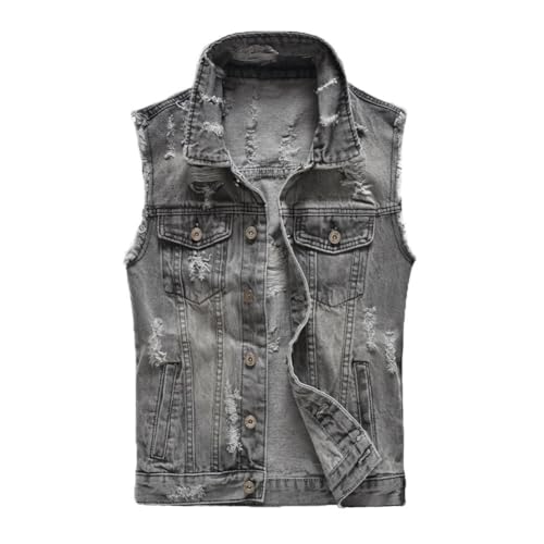 Denim Vest Men Ripped Distressed Destroyed Washed Western Sleeveless Button Down Jean Vest