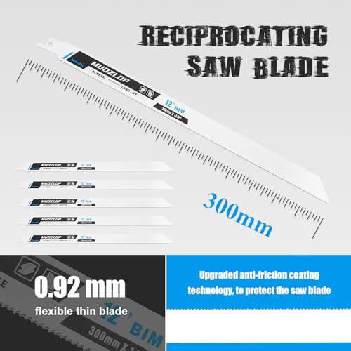 Image of 5 Pack 12 inch Reciprocating Saw Blades Set,14TPI High Carbon Saw Blades,Metal Saw Blades with Organizer Case (5, 14TPI /12 inch)