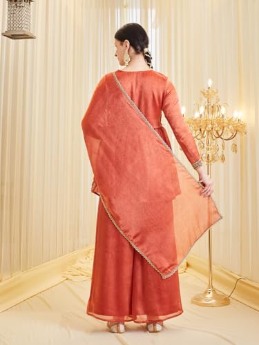 Image of MOKOSH Women's Silk Embroidered Kurta Set with Dupatta | Ethnic wear | 3 Piece Outfit | Festive Kurta Set | Peplum Kurti Sharara & Dupatta | Sweetheart Neck