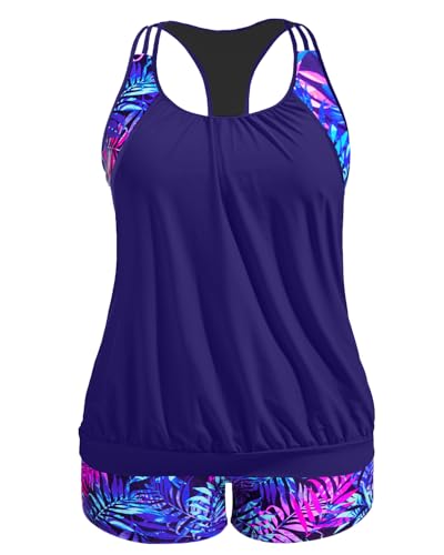Image of Womens Plus Size Tankini Swimsuit Two Piece Tummy Control Bathing Suit | Blouson Racerback Tankini Top with Shorts, Double Up Design, Removable Pad
