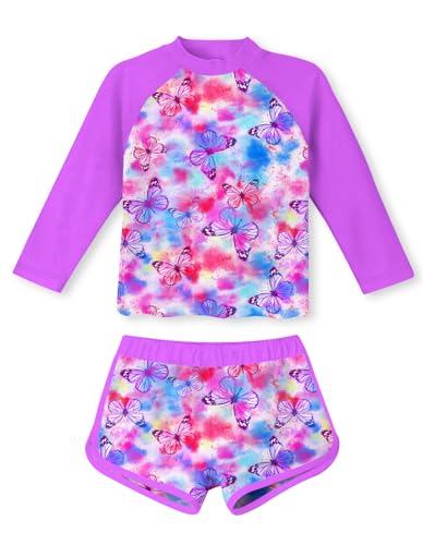 Girl's Rash Guard 2-Piece Swimsuit Set Teens 6 Yrs Old Butterflies Printed O Neck Long Sleeve 7t Kids Bikini with UPF 50+ Sun Protection for Pool Party Size 6 7 Dark Pink