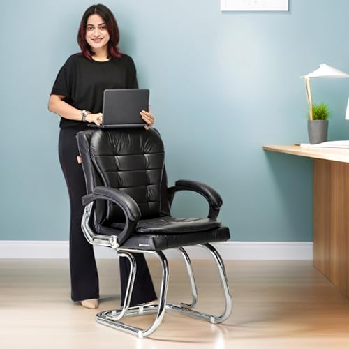 Principal Manager Office Visitor Study Home Reception Chair with arm Rest & Cushion seat Back (2, Black, Double Pipe Chrome Frame)