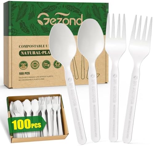 Gezond 100 Count 100% Compostable Cutlery Set 50 Forks and 50 Spo...
