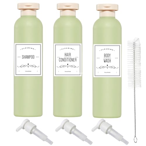 Qeuly Squeeze Bottles with Pump Dispenser and Flip Cap, 8.8 oz Refillable Travel Containers for Toiletries, Plastic Travel Shampoo and Conditioner Bottles (Green 260)