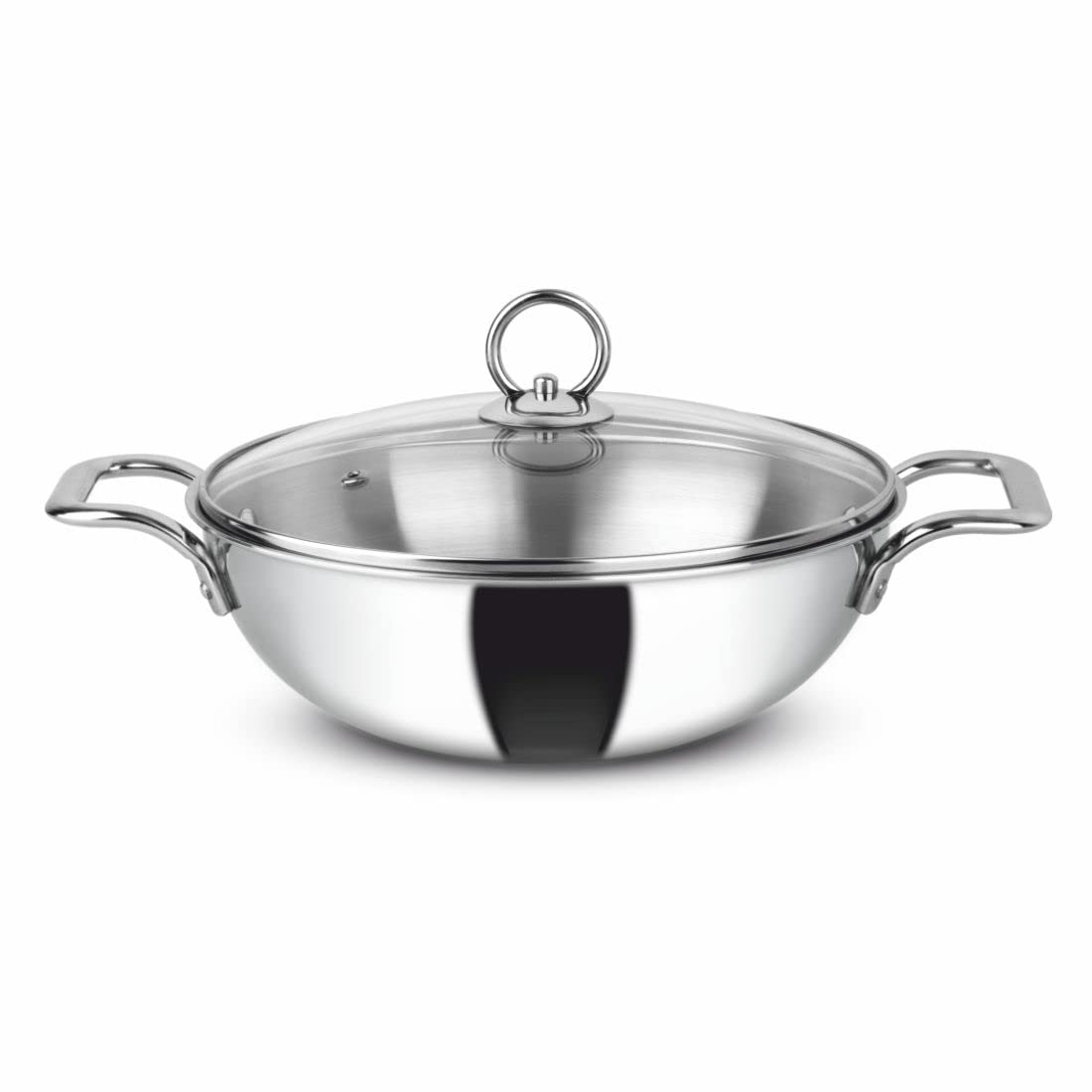 Orange Triply Stainless Steel Deep Kadai with Glass Lid 4.5 litres Capacity (28 cm Diameter) | 28 cm Heavy Bottom with Cool Touch Handle | Silver (Induction and Gas Stove Friendly) | 5 Year Warranty
