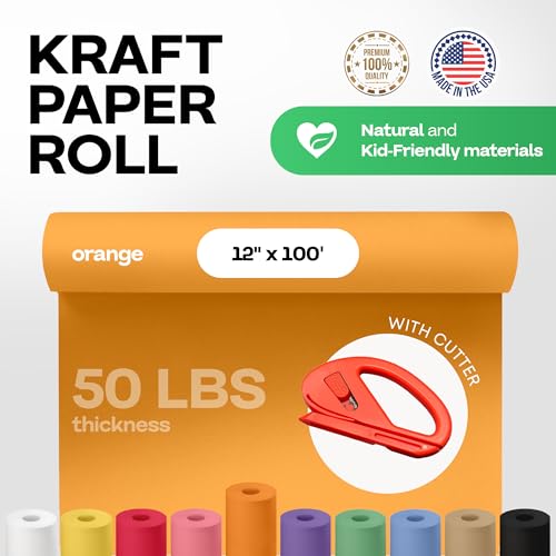 Image of Orange Kraft Paper Roll 12 inch x 1200 inch (100 feet) with Cutter - USA-Made Wrapping Paper for Packing, Moving, Shipping & Crafts /Arts - 100% Recyclable Natural Craft Material by IDL Packaging | Wrapping Paper for Packing, Moving, Shipping & Crafts /Arts - 100% Recyclable Natural Craft Material by IDL Packaging