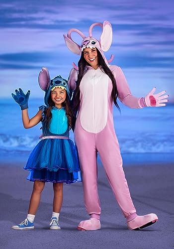 Fun Costumes Disney Lilo and Stitch for Adults, Women's Angel Onesie Outfit with Character Hood, Gloves, and Shoe Covers Medium