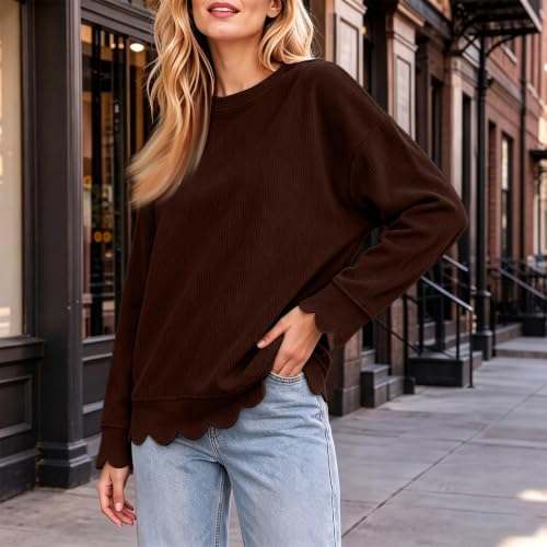 HswsEJ Crewneck Sweatshirts Women Fall Corduroy Long Sleeve Scalloped Tops - image 2