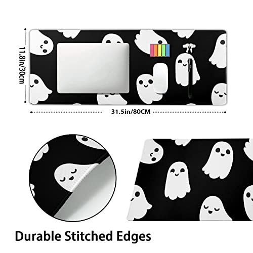 Image of Halloween Cute Ghost Mouse Pad Kawaii Cartoon Spooky Funny Spirit Extended Desk Mat Non-Slip Rubber Base Stitched Edge Large XL Black White Mousepad for Desk Gaming Laptop Desktop,31.5x11.8 Inch