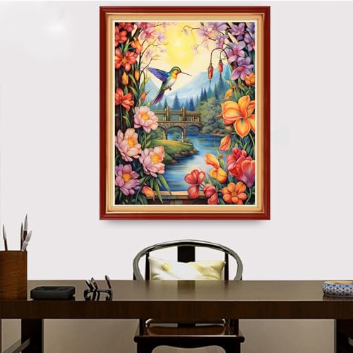 Image of Redxing Stamped Cross Stitch Kits Embroidery kit for Beginners Adults Full Range of Embroidery Patterns Starter Kits DIY Printed Cross Stitch Kits Needlepoint Kits 11CT-Flower Hummingbird 16x20 inch